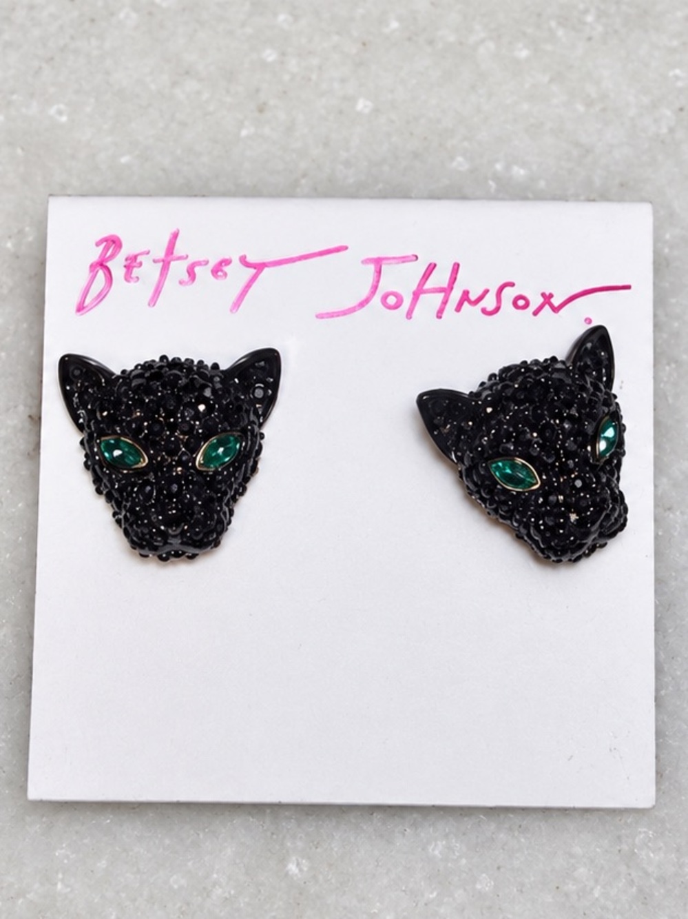 Betsey Johnson Black Crystal Panther Head Earrings Green Eyes Studs NWT